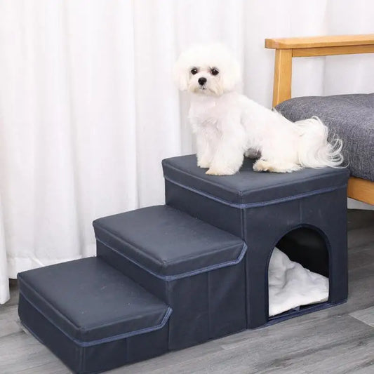 Foldable Dog Stairs- Portable  with Storage Box -Heavy Duty Non-Collapsible Material Stairs