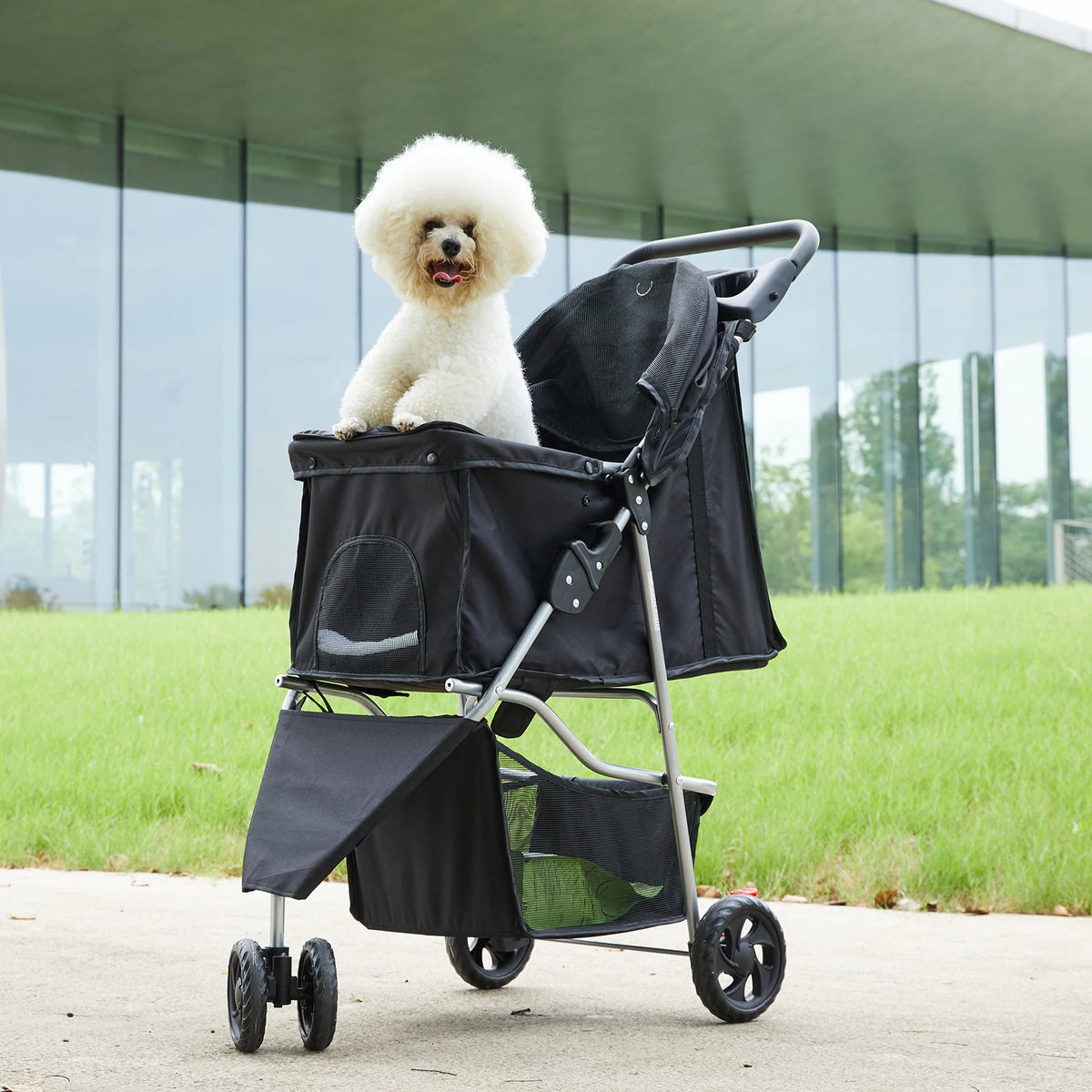 JHK 3 Wheels Foldable Pet Stroller-Mesh Windows- Storage Basket- Cup Holder-Pet Strollers