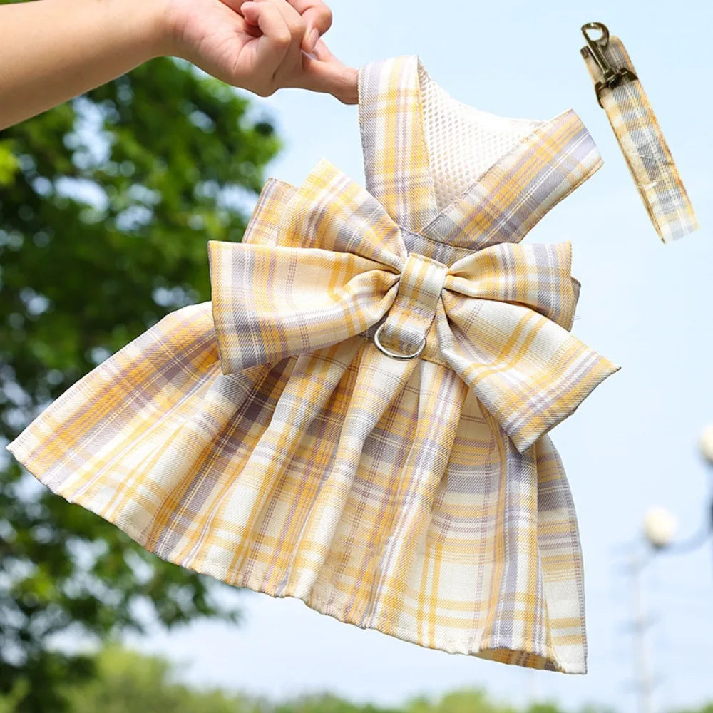 Dog Plaid JK Dress-Reusable with Leash Traction-Thin Dacron- Harness Skirt- Adjustable -Washable-Costumes/Apparel