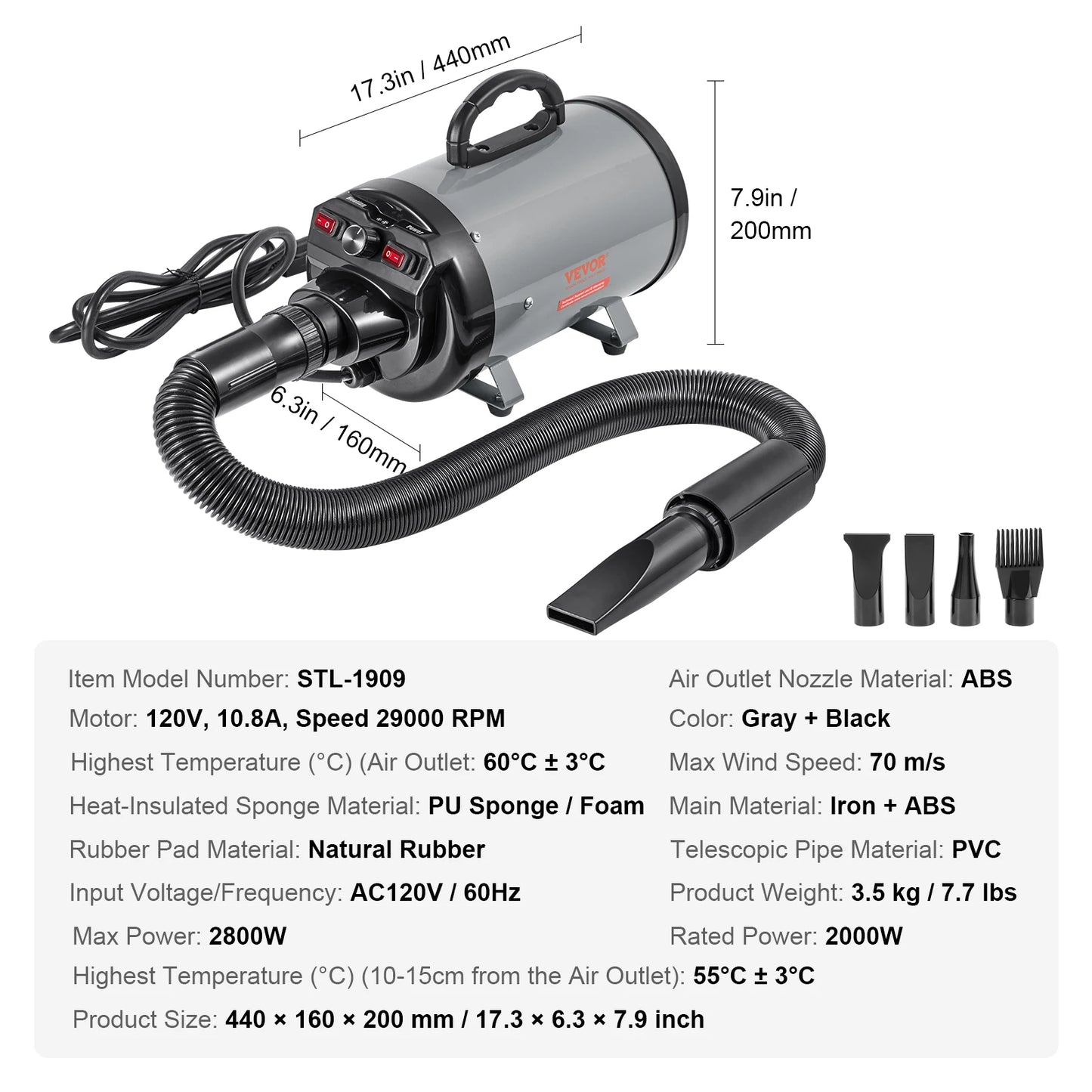 Dog Blow dryer- 2000W/2.7HP- Adjustable Speed Temperature Control with 4 Nozzle- Extendable Hose- Pet Grooming