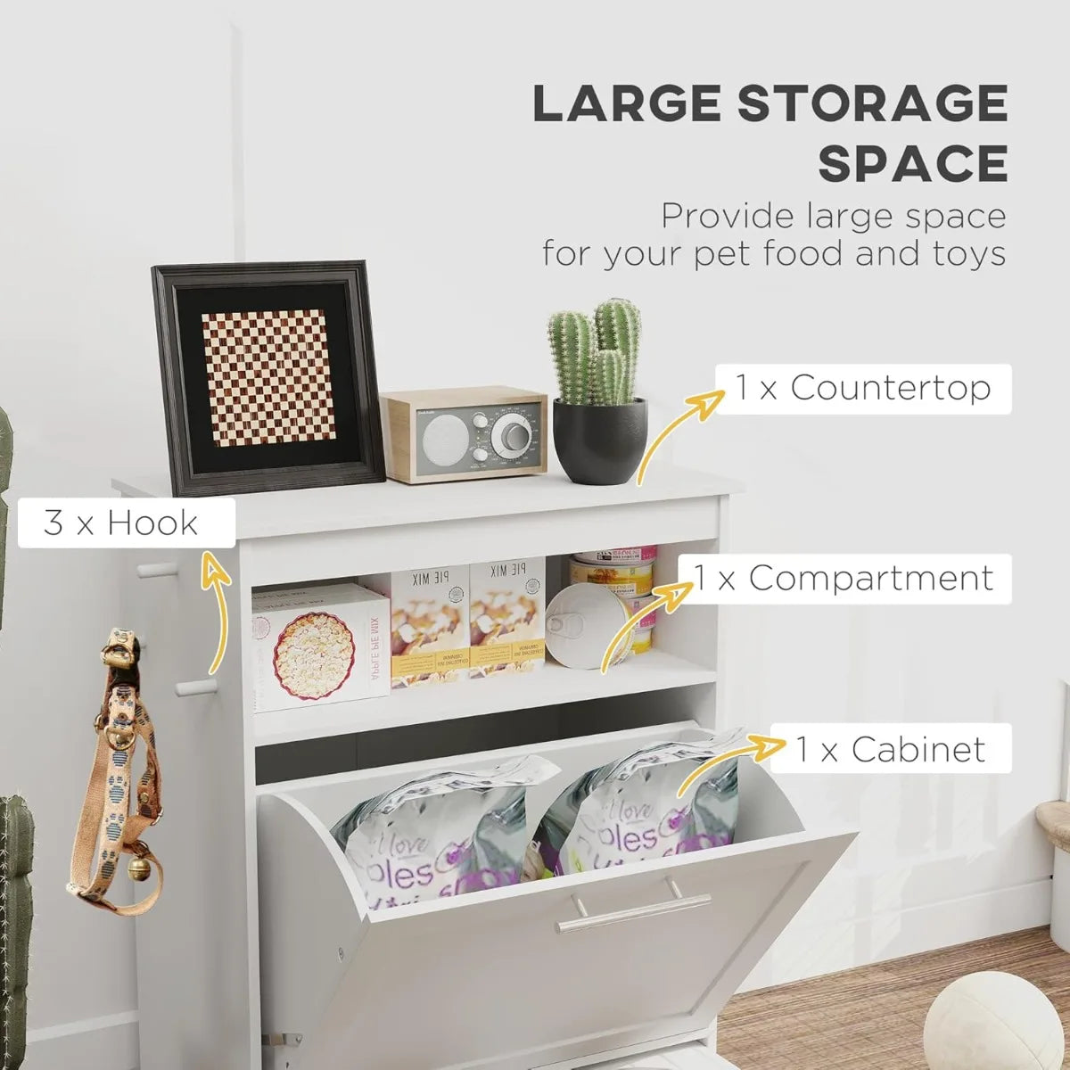 Dog Feeding Station with Raised Bowls/ Storage Cabinet- Pet Feeder Organizer with Hanger for Food & Water-Pet Bowl/Feeding