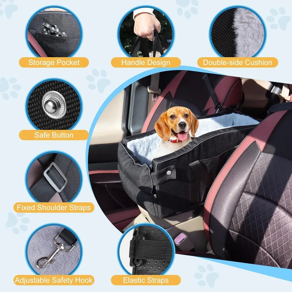 Center Console Dog Car Seat for Small Dogs Up to 12 lbs- Detachable Armrest Pet Seat with Adjustable Straps
