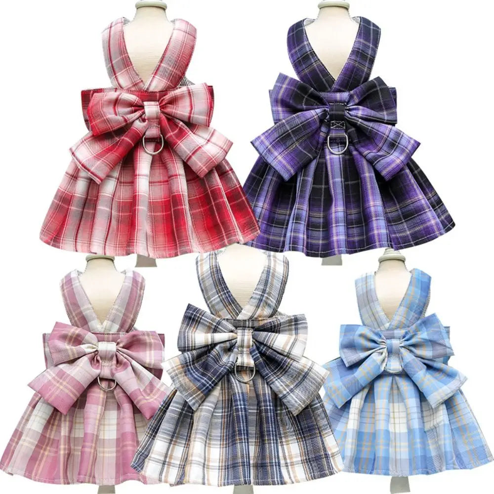 Dog Plaid JK Dress-Reusable with Leash Traction-Thin Dacron- Harness Skirt- Adjustable -Washable-Costumes/Apparel