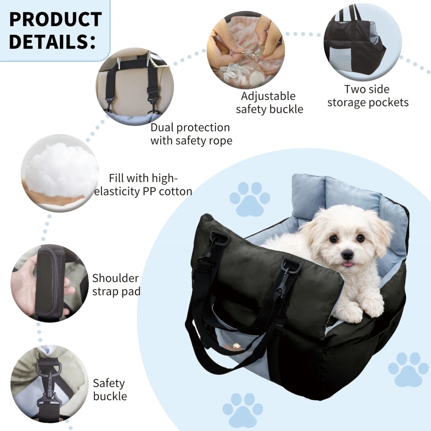 Small Dogs Car Seat- Ultra Soft Car Travel Bed with Safety Belt- Storage Pocket and Shoulder Strap -Puppy Dog Booster Seats