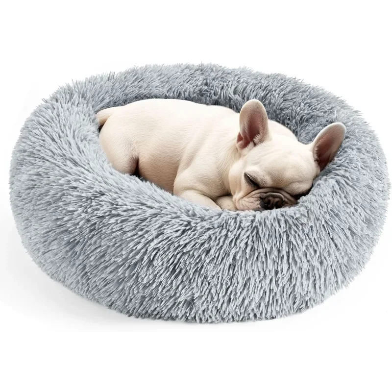 Dog Bed for Indoor- 20ins- Calming Donut Bed- Washable for Small Medium Dogs-Light Grey-Beds & Blankets