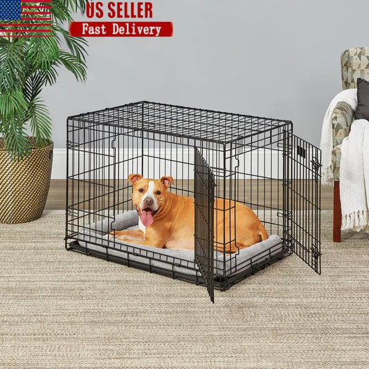 Heavy-Duty 36 Inch Double Door Folding Metal Dog Crate with Divider Panel- Leak-Proof Floor- Easy Assembly -Small to Medium Dogs
