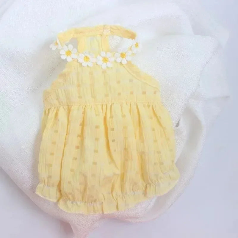 Breathable Pet Small Daisey Dress-thin Summer Dresses- Green/Yellow
