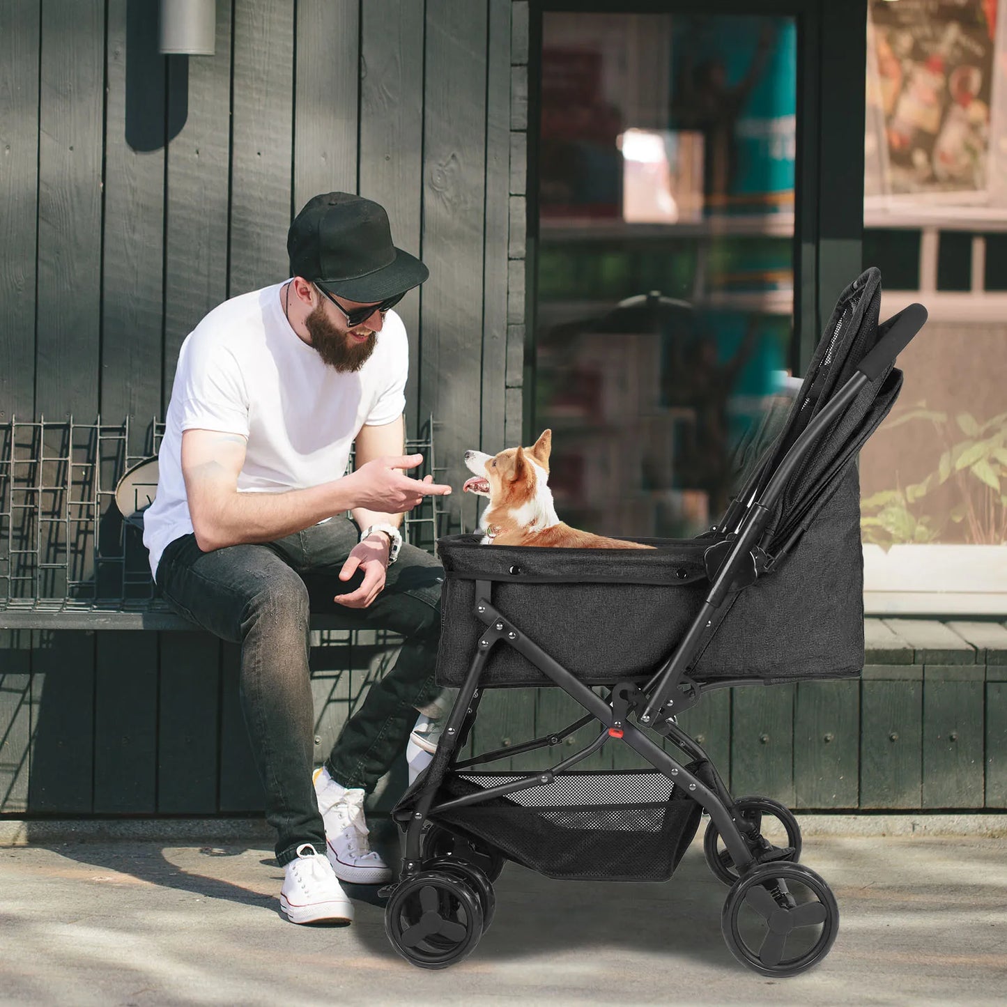 Dog Stroller- Pet Stroller for Medium Size Dogs with Poop Bags- Reversible Handlebar- Tethers- Storage Basket and Pouch-Pet Strollers