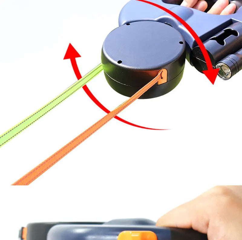 3 in1 Double Head Automatic retractable Dog leash with Flashlight /Poop Bag Dispenser- Reflective -Extendable Traction Rope