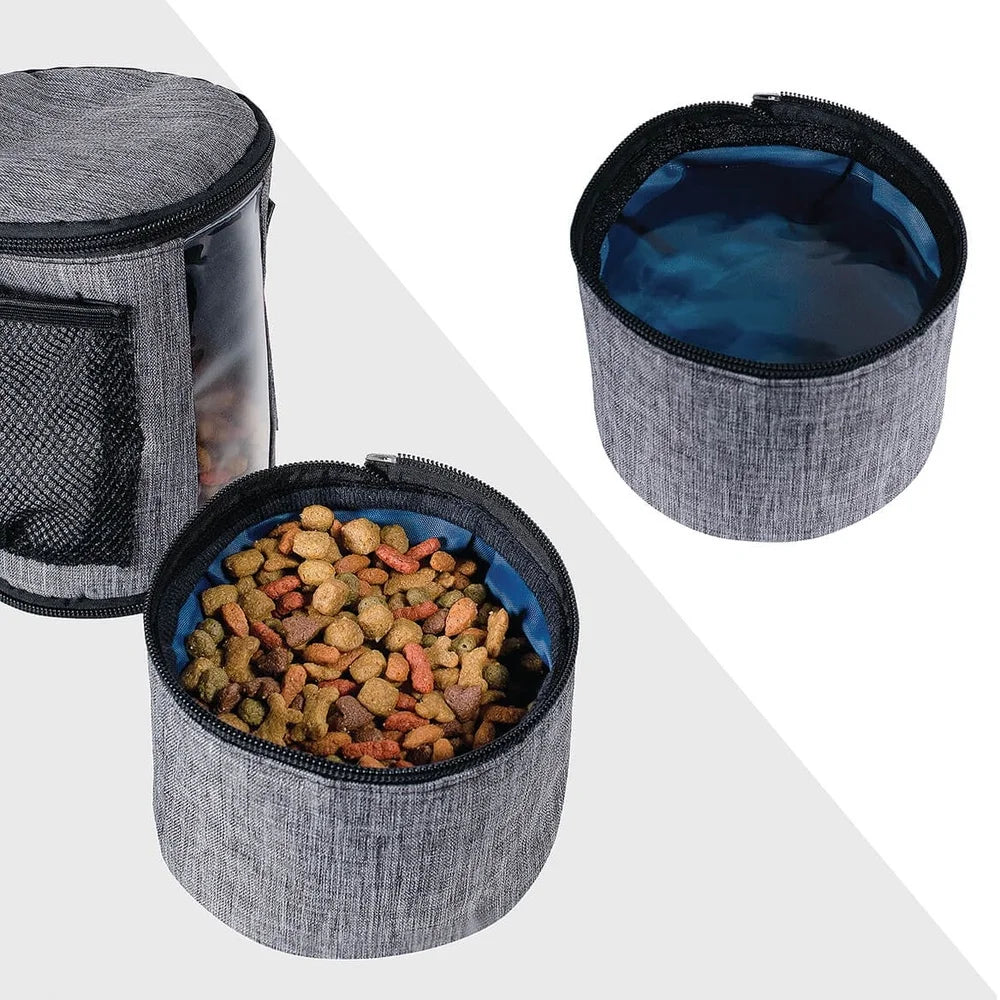 Pet Food Storage Container with Detachable Bowl- 16oz Capacity-Feed-Drink-Poop Bags- Adjustable Strap- Fill Level Window Dogs