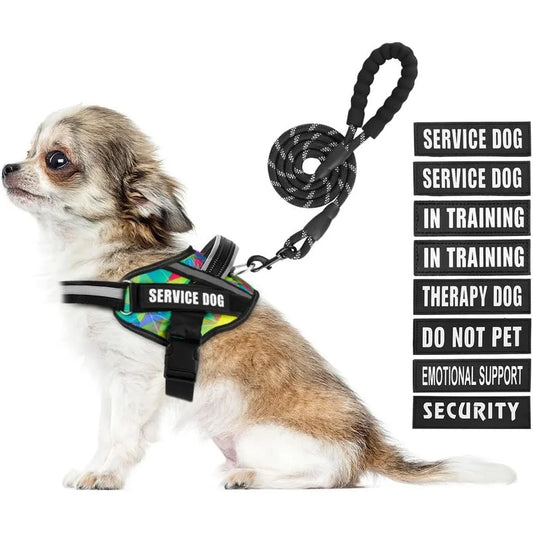 Service Dog Harness Leash Set- Reflective No Pull -10 Patches Multi Color Training Vest- Durable Lightweight Small to XL Dogs