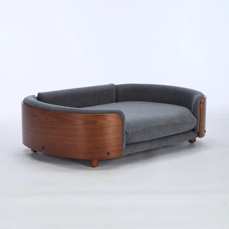 Elevated Dog Bed with Solid Wood Legs and Walnut Bent Wood Back- Velvet Upholstery- Washable-Large Size-Bed & Blankets