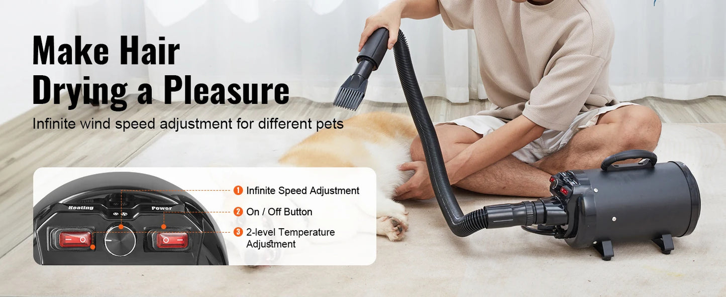 Dog Blow dryer- 2000W/2.7HP- Adjustable Speed Temperature Control with 4 Nozzle- Extendable Hose- Pet Grooming