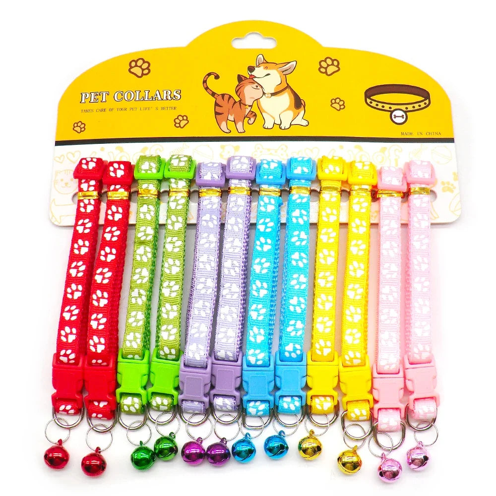 12Pcs Wholesale Mix Color Anti-Lost Dog Collars- Pet Cat Puppy Buckle Collar with Bell- 6 Colors Footprint