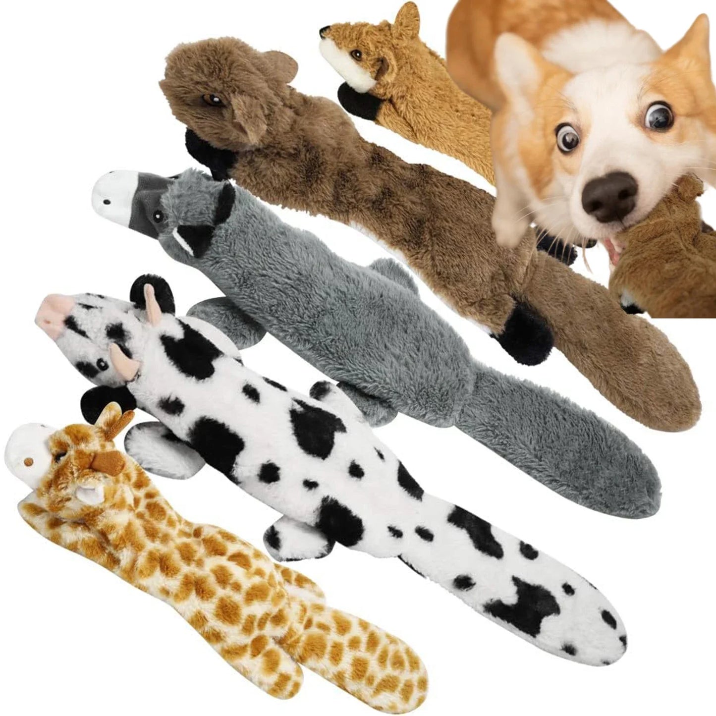5PCS Crinkle Plush Dog Squeaky Toys- Fox Giraffe Squirrel Cow Donkey- No Stuffing- for Small Medium Large Dogs-Dog Toys