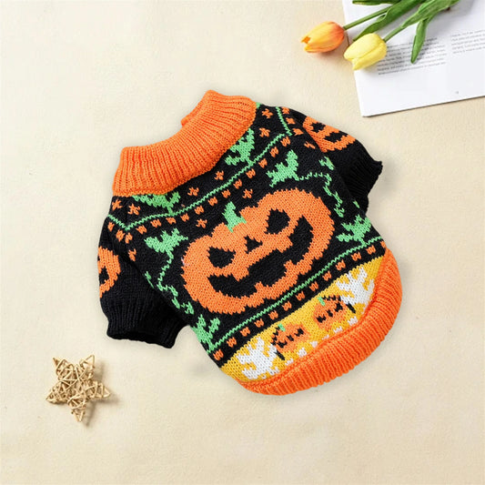 Halloween Pumpkin Ghost Costume for Dogs -Pet Winter Fall Clothes Pumpkin Knitted Sweater- Small Dog Outfit