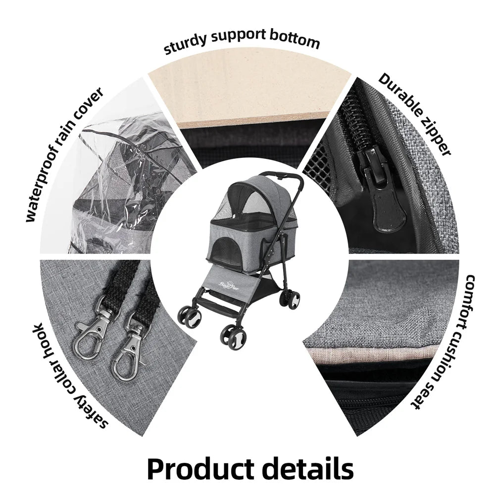 Pet Dog Stroller- Foldable Travel Carrier- Jogger Dog Pram with 4 Wheels and Rain Cover-Pet Strollers