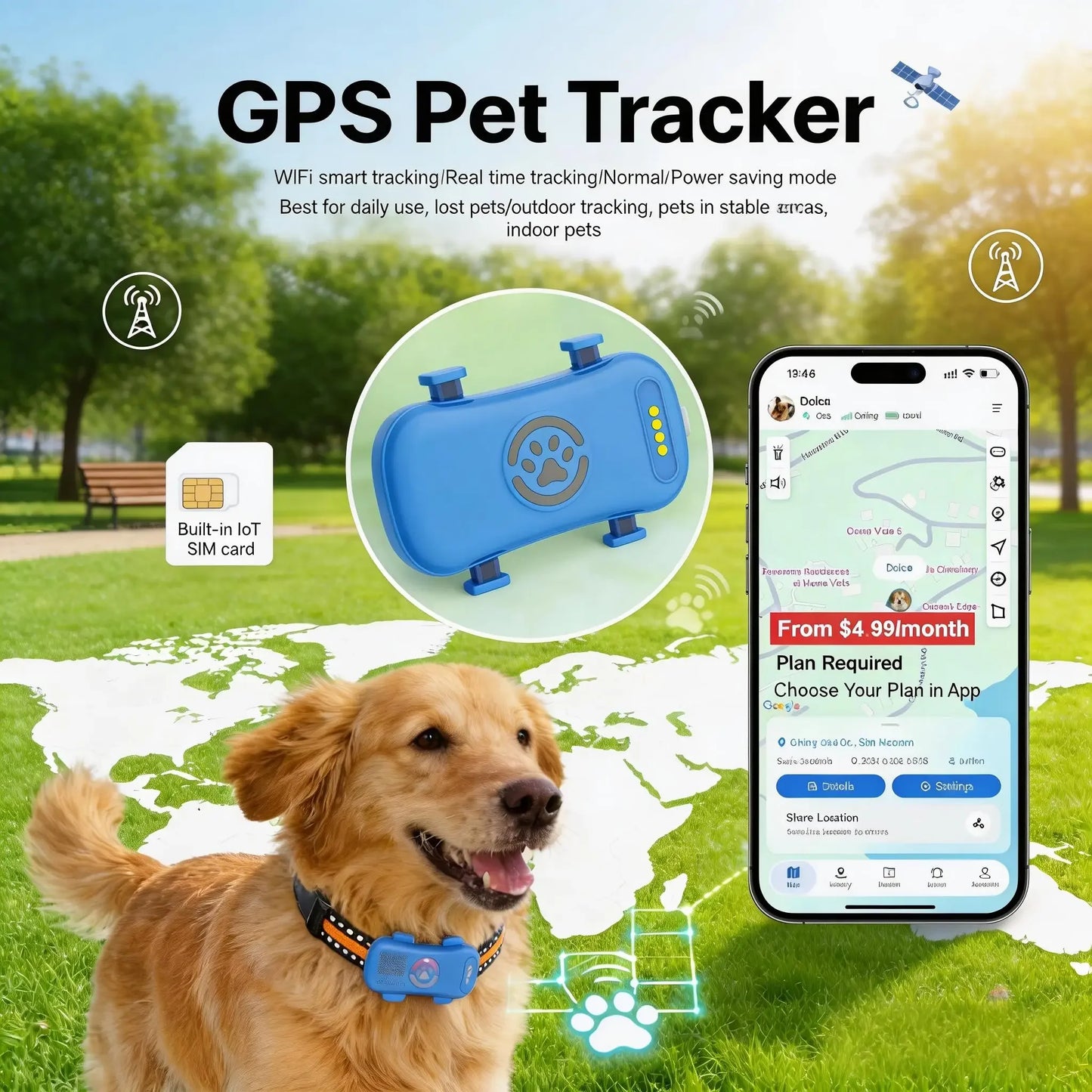 GPS Pet Tracker 4G for Dogs & Cats -Built-in SIM with Real-Time Tracking- WiFi Home Positioning- IP67 Waterproof- Plan Required-Pet Accessories