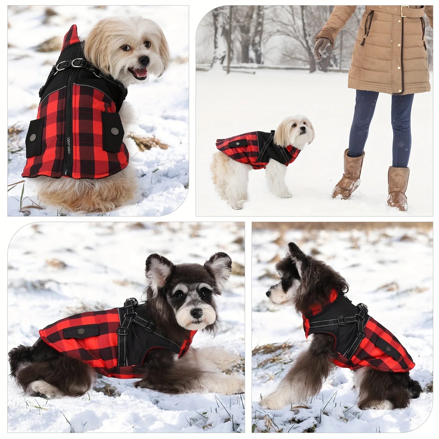 Plaid Thicken Padded Pet Dog Jacket With Harness For Cold Weather -Windproof Winter Dog Jacket Coat- For Small Medium Large Dog