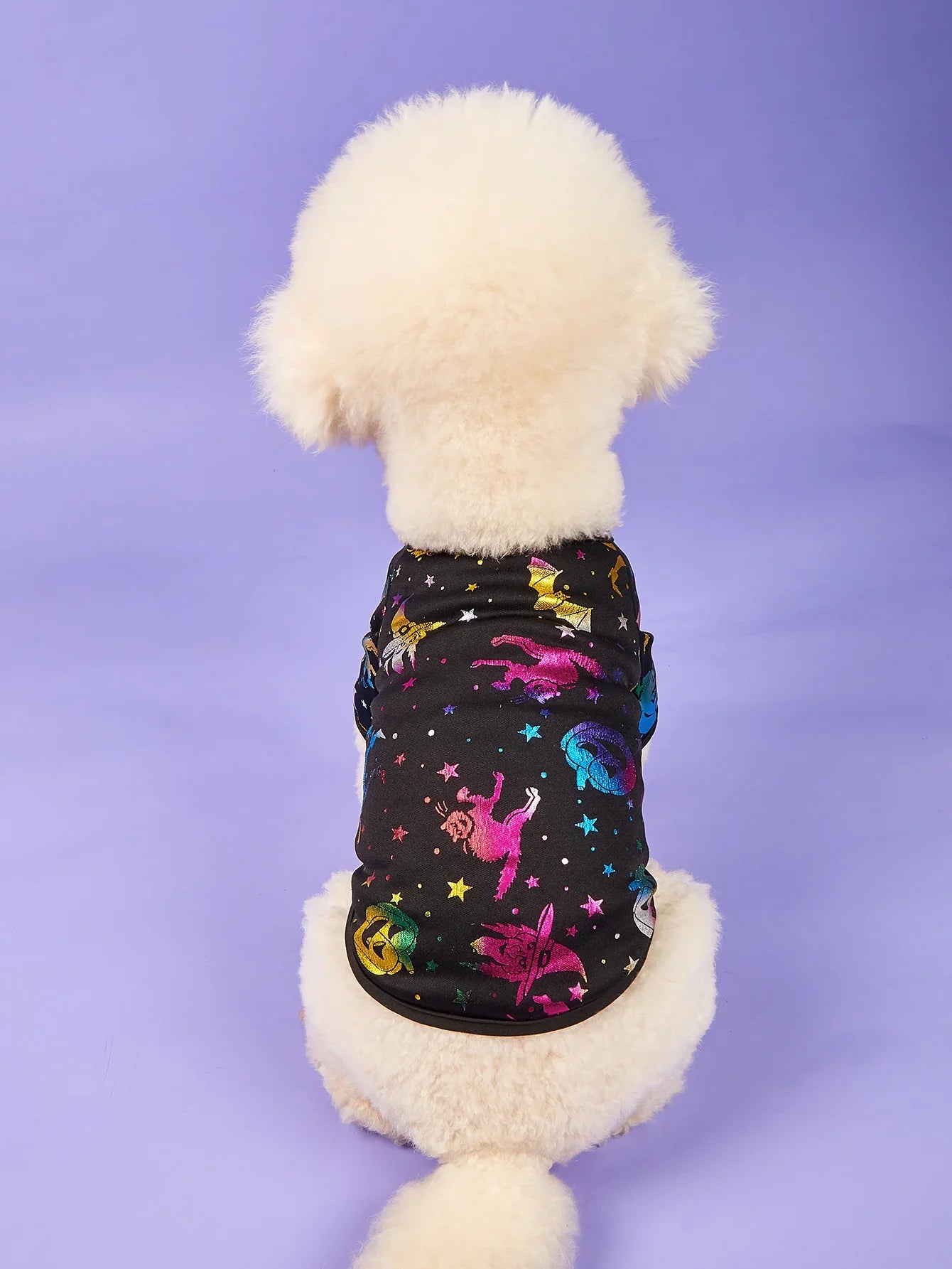 Halloween Dog T-Shirt-Black Short Sleeve with Colorful Glittery Bats, Pumpkins & Stars Print Pet Clothes for Small Dogs