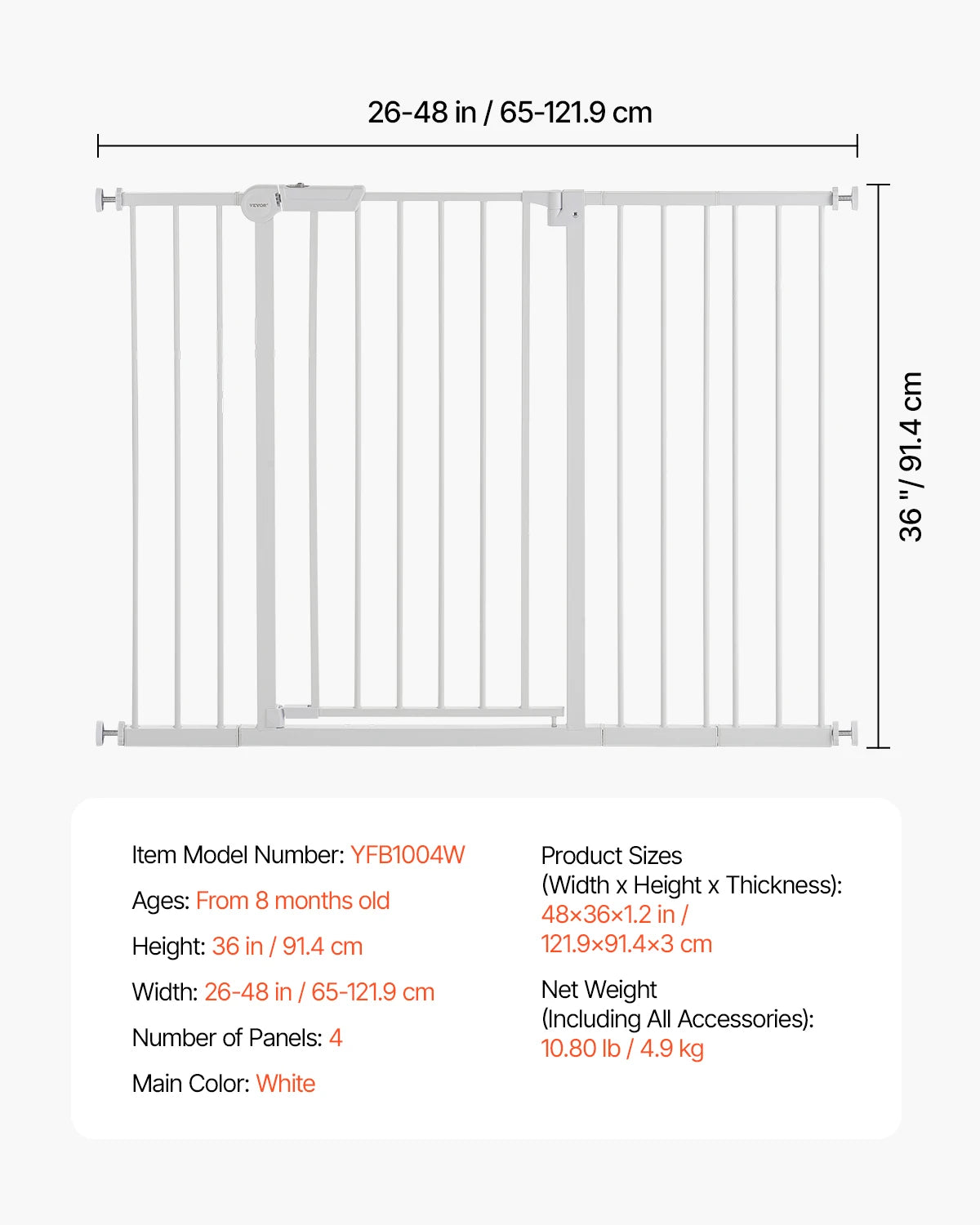VEVOR Gate 28/30/36 Inches High -Dog Gate Easy Step- Walk Thru Child Pet Security- Pressure Mount Kit- Wall Cups Doorways-Pet Stairs