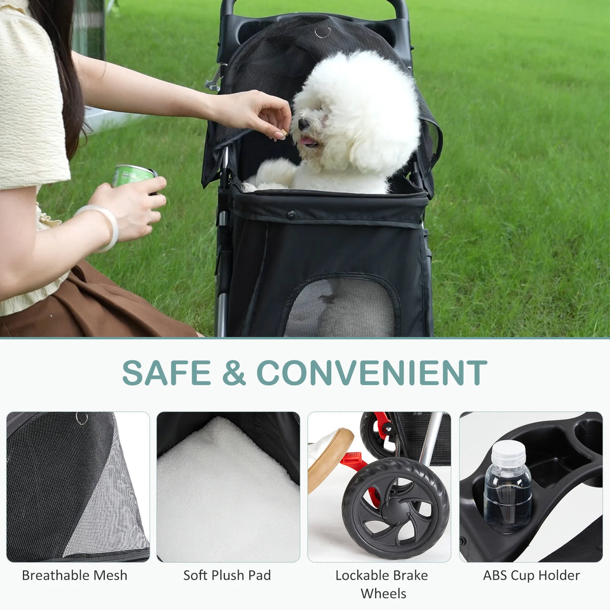 JHK 3 Wheels Foldable Pet Stroller-Mesh Windows- Storage Basket- Cup Holder-Pet Strollers