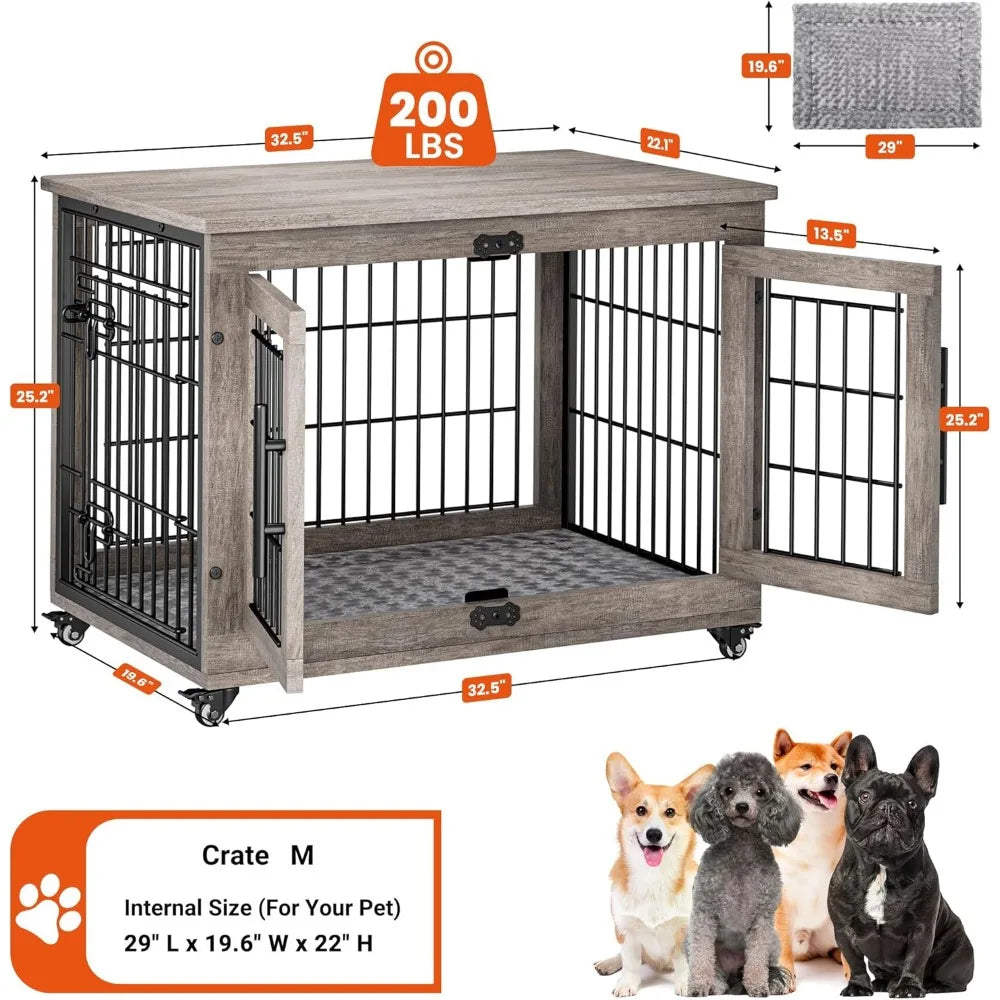 Dog Crate Furniture- 32'' Kennel Indoor with Cushion & Wheels Wooden Cage- Double Doors Dog Crate