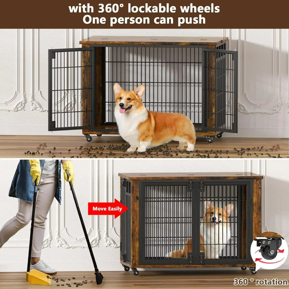 Wooden Dog Crate Furniture-Small and Medium Dog Kennel- Indoor Furniture with Top-Access-2 Doors