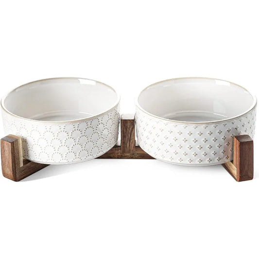 Ceramic Dog Bowl Set with Acacia Wood Stand- 3 Cups Dog Food and Water Bowl for Small Medium Sized, Pet Bowls