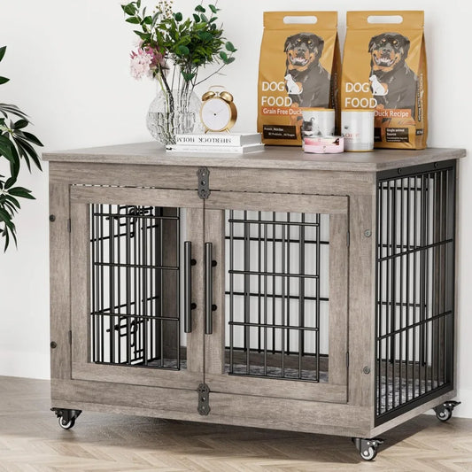 Dog Crate Furniture- 32'' Kennel Indoor with Cushion & Wheels Wooden Cage- Double Doors Dog Crate
