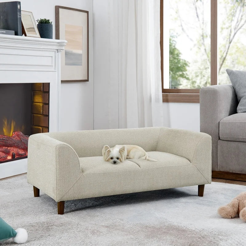 Modern Beige Rectangular Dog Sofa with Backrest and Armrests for Small Medium to Large Size Dogs- Soft Cushion- Beds & Blankets