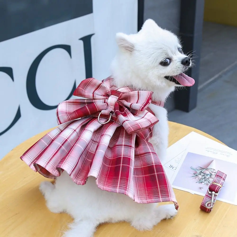 Dog Plaid JK Dress-Reusable with Leash Traction-Thin Dacron- Harness Skirt- Adjustable -Washable-Costumes/Apparel
