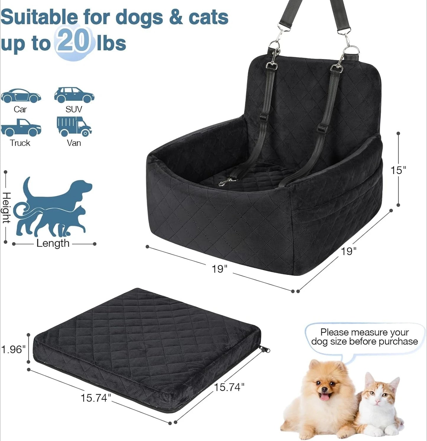 Dog Car Seat for Small Dogs Under 25 lbs- Washable Pet Travel Bed with Memory Foam- Detachable Cover- Storage Pockets