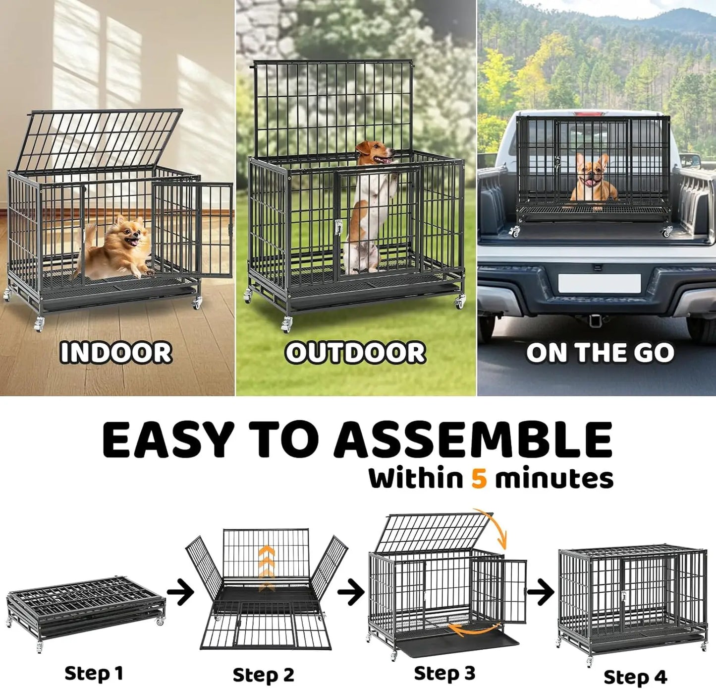 37 inch Stackable Heavy Duty Dog Crate-Indestructible- Escape Proof- Dogs Cage Kennel with Lockable Wheels