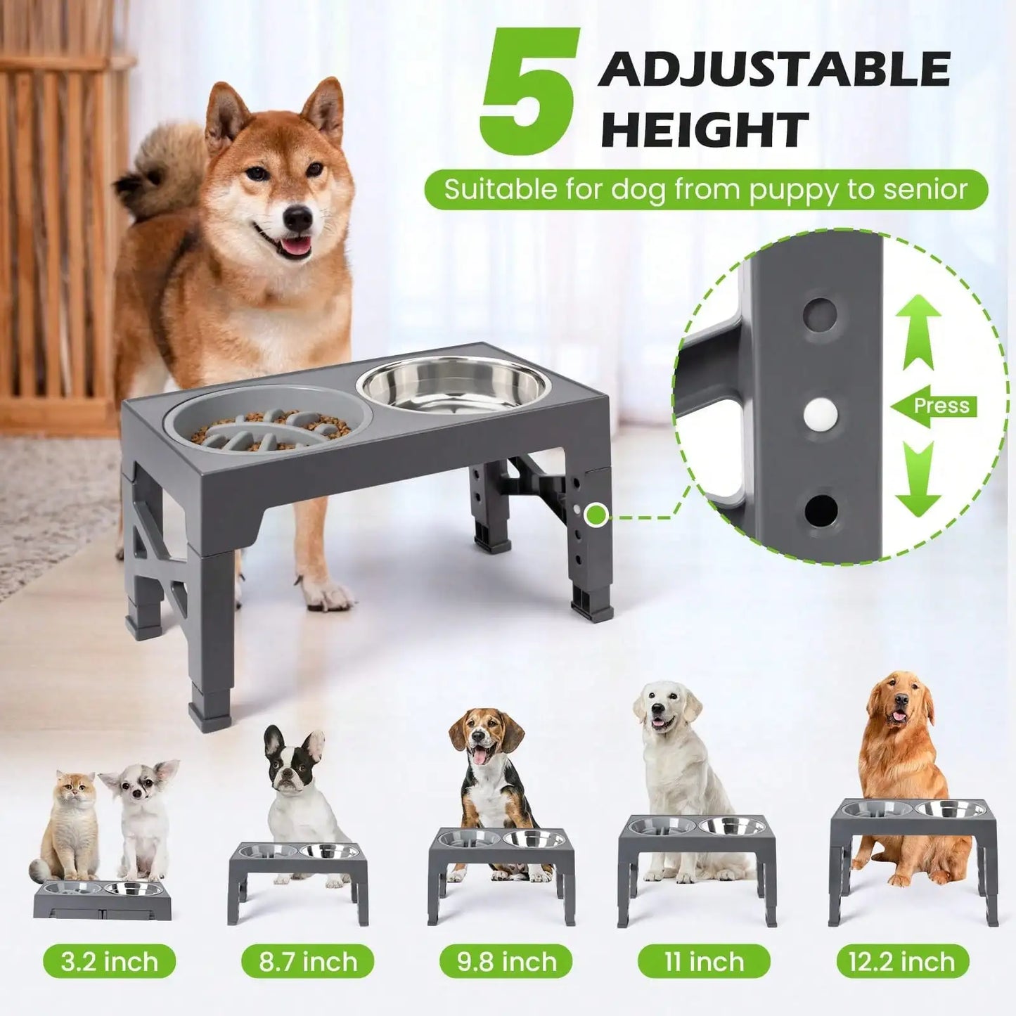 5-Height Adjustable Raised Dog Bowl Set - Includes 2 Stainless Steel Bowls- + 1 Slow Feeder- Anti-Choke Design-Suitable For All Dog Breeds- Pet Bowls/Feeding