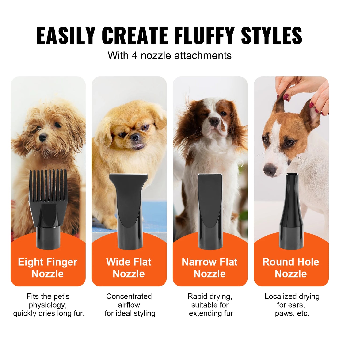 Dog Blow dryer- 2000W/2.7HP- Adjustable Speed Temperature Control with 4 Nozzle- Extendable Hose- Pet Grooming