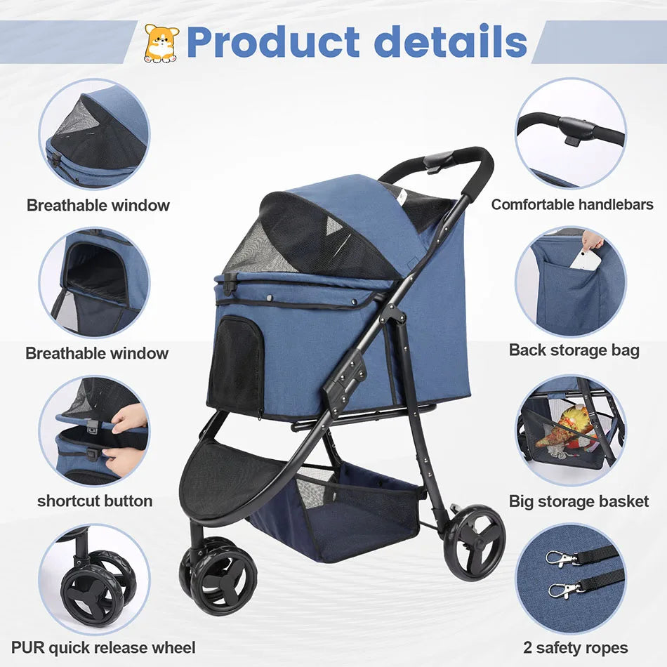 Pet Stroller- Travel Car- Foldable- Storage-3 Wheels 360 Rotation-Pet Strollers