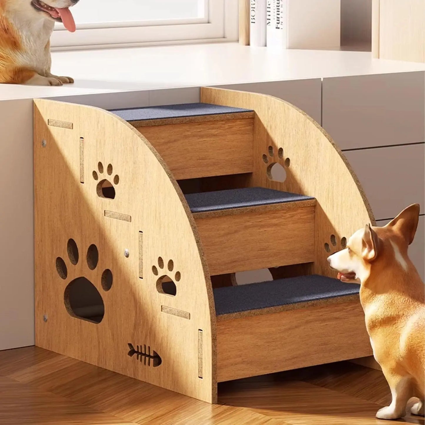 Cute Multi-Level (2-4 Steps) Solid Wood Pet Stairs- Safety Rails-Non-Slip Stairs- Suitable for Bed/Sofa-Pet Stair