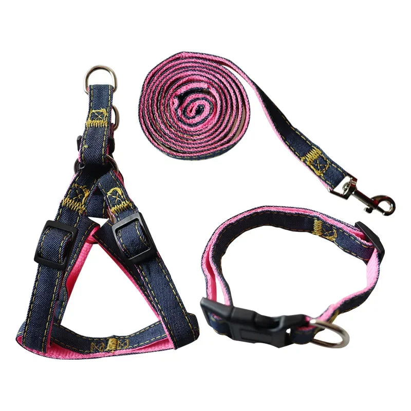 3 pcs Denim Dog Collar Harness Set- Pet Accessories-Collar/Leashes