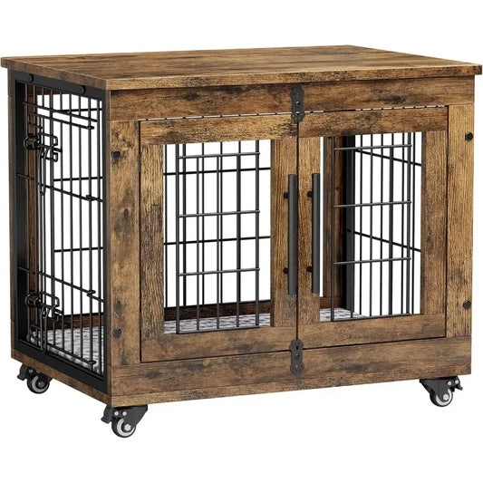 Small Dogs Crate Furniture- Indoor Double Doors Wooden Dogs Crate- 27.1'' Heavy Duty Dog Crate with Cushion & Wheels