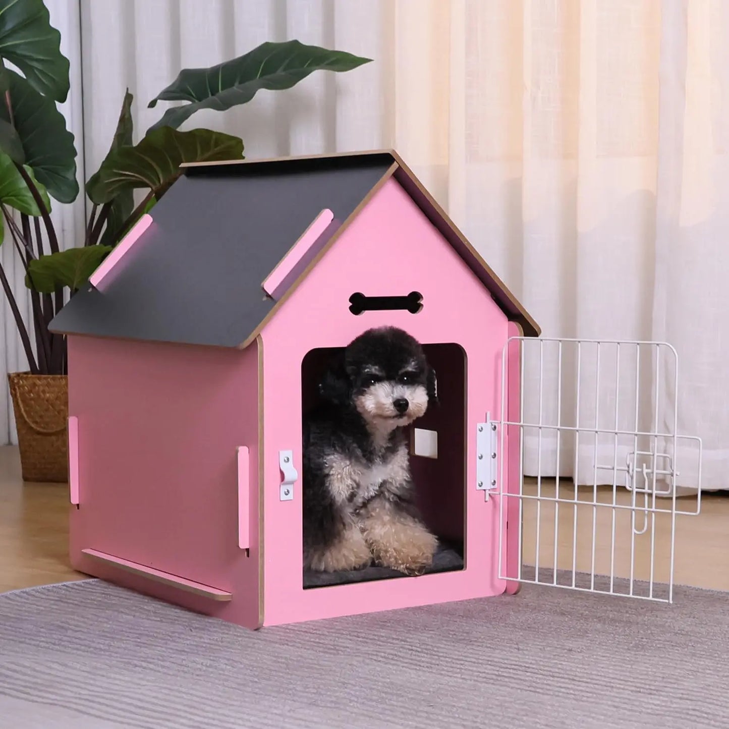 Cozy Wooden Pink Indoor Dog House Crate for Small Dogs with Air Vents and Elevated Floor-Crates