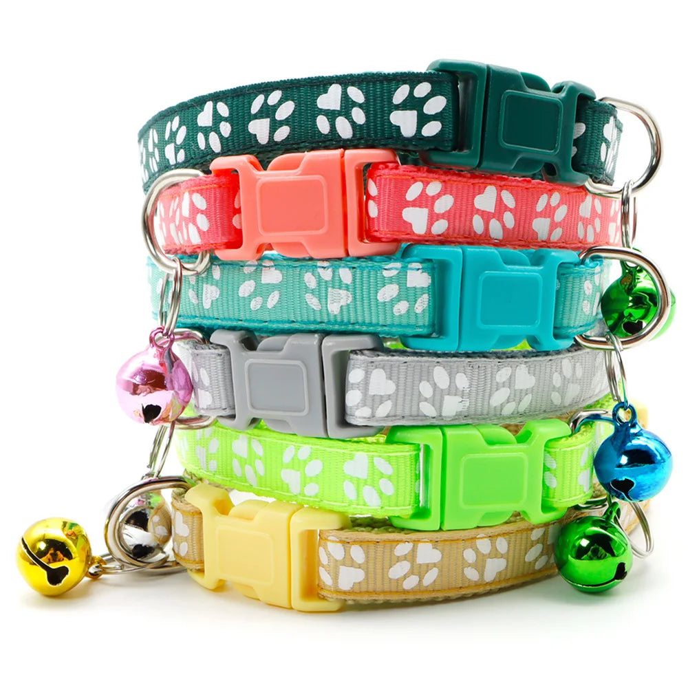 12Pcs Wholesale Mix Color Anti-Lost Dog Collars- Pet Cat Puppy Buckle Collar with Bell- 6 Colors Footprint