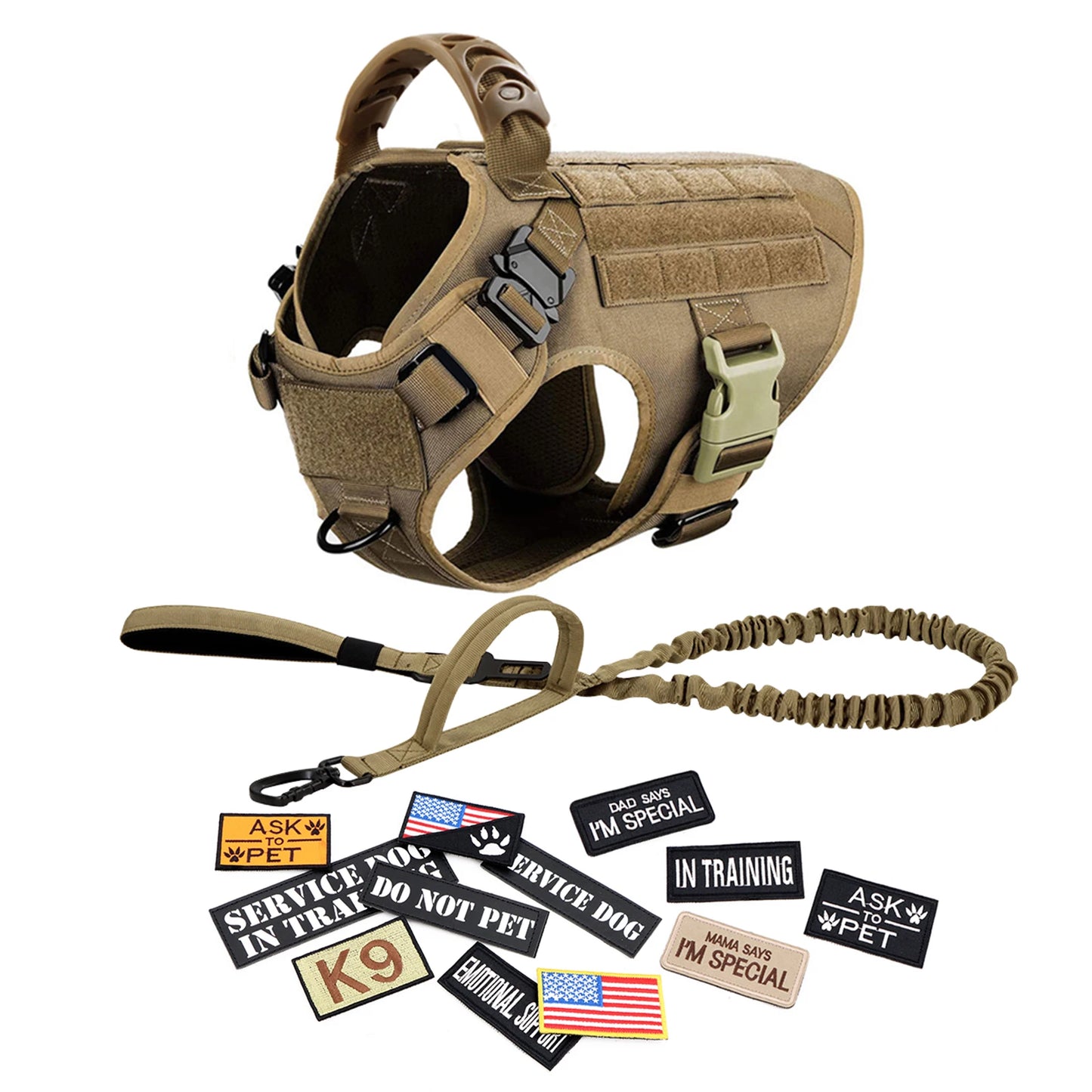 Military Dog Harness/ Collar/ Leash- Bags- Patches Set- Pet Malinois Training Vests-Sizes S to XL- Collars/Leashes