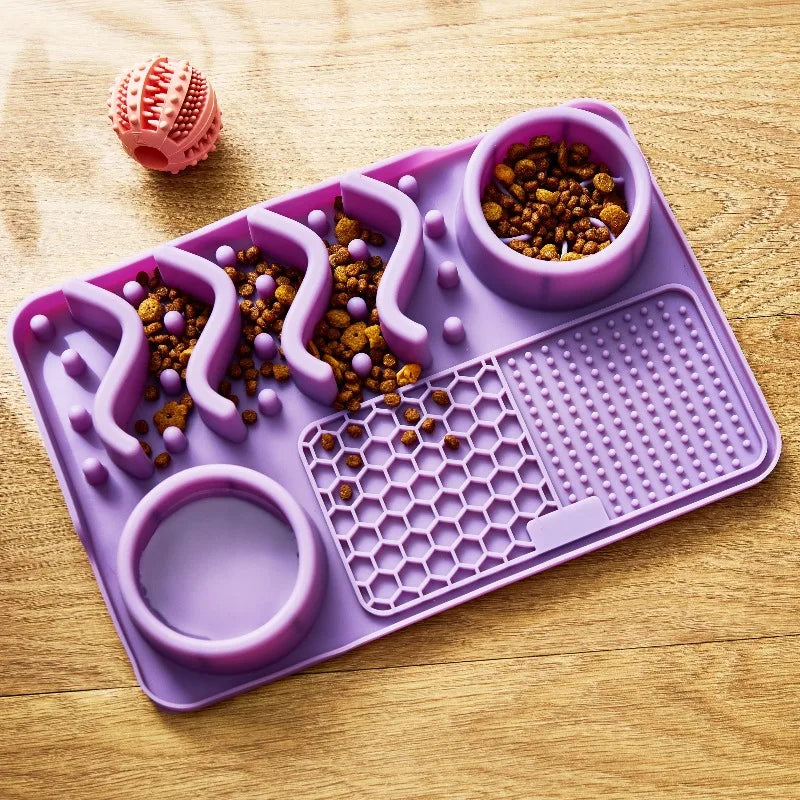 Silicone Slow Feeder Compartment Pet Mat-Purple- 12" x 8"-Pet Bowls/Feeding