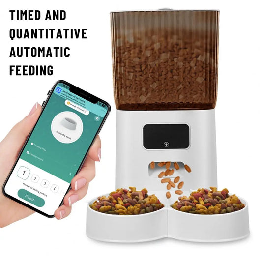 Smart Pet Feeder with Dual Bowls - 5L Transparent Storage, WiFi APP Control, Automatic Timed Dispensing for Cats or Dogs, Battery