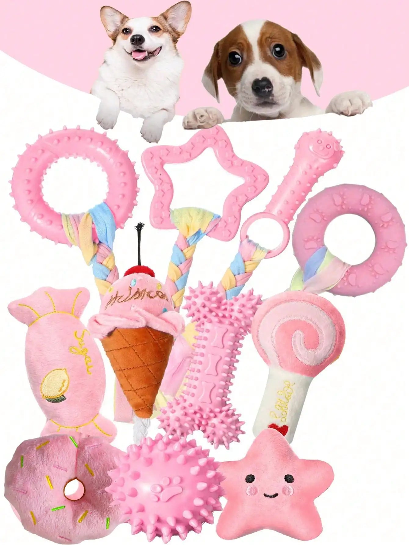 Girl Dog Toys- Teething Toys- Puppy Teething Toys- Puppy Feeding- Dog Supplies- Dog Accessories- Small Dog Chew Toys- Puppy Toys- Pink Dog Supplies With Soft Rubber Balls And Colorful Rope- Not Easily Broken- Easy To Clean- F