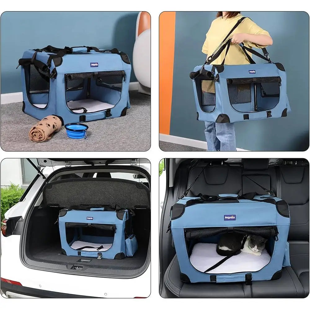 Portable Collapsible Dog Crate- Travel Pet Carrier with Soft Warm Blanket- Foldable Bowl -Small Dogs Indoor Outdoor