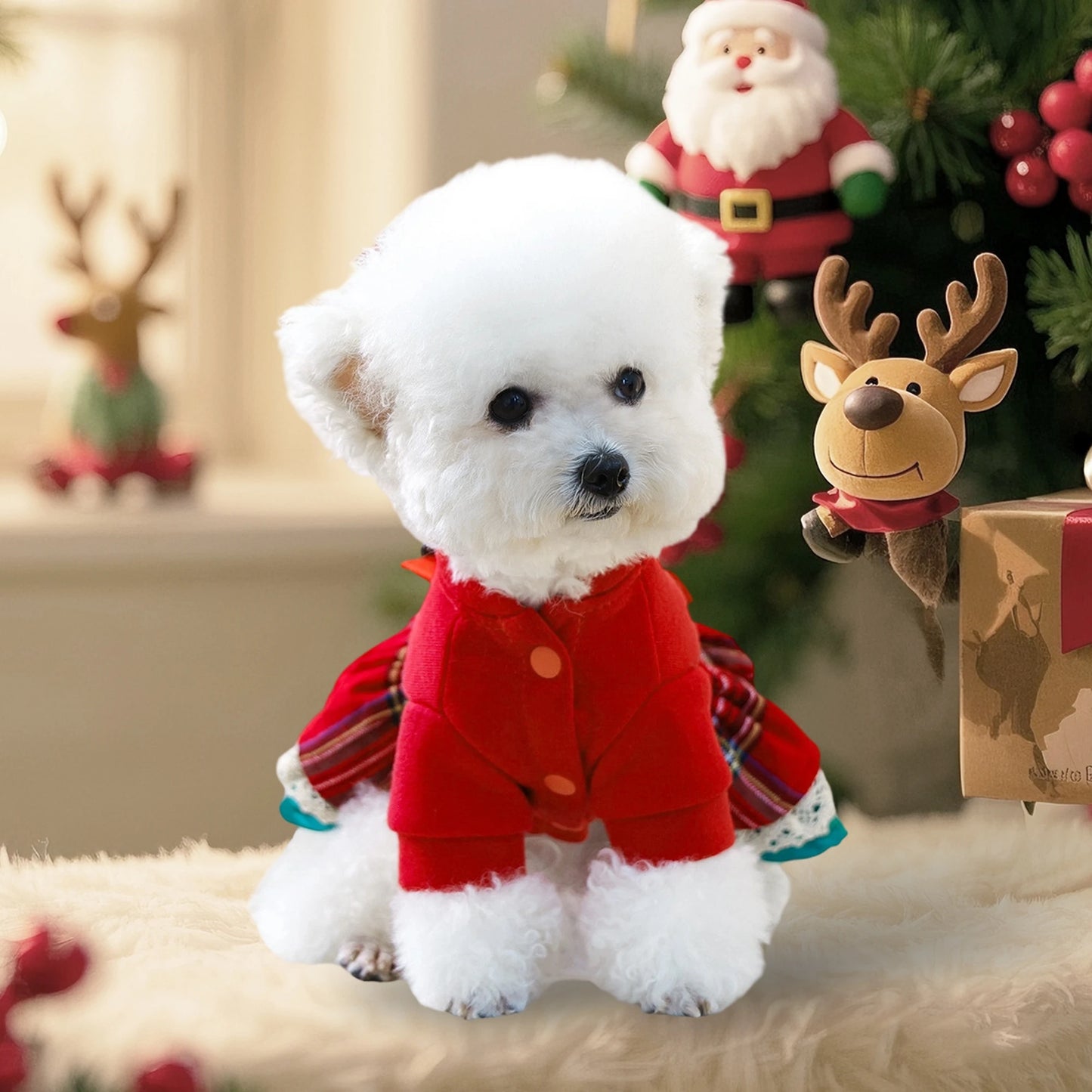 Cute Christmas Dog Dress with Santa Hat/ Jingle Bell Collar- Festive Pet Holiday Outfit for Small Dogs-Costumes/Apparel