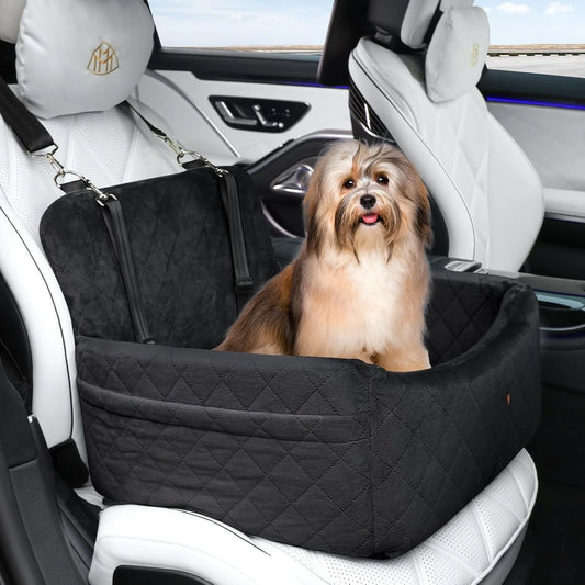 Dog Car Seat for Small Dogs Under 25 lbs- Washable Pet Travel Bed with Memory Foam- Detachable Cover- Storage Pockets