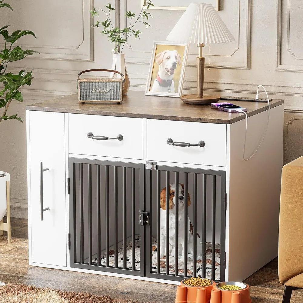 Dog Crate Furniture- 31.5 Inch Wooden Indoor Heavy Duty Dog Kennel House with Doors & USB Charger- Farmhouse Modern End